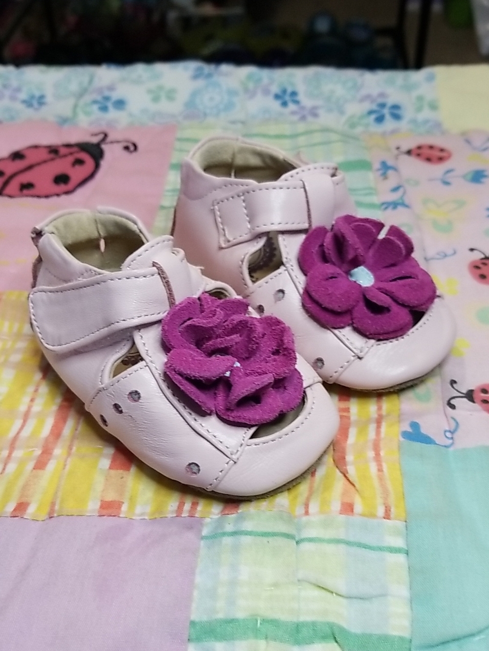 Livie & Luca Pink Leather T-Strap Baby Shoes with Magenta Suede Flowers 0-6 M